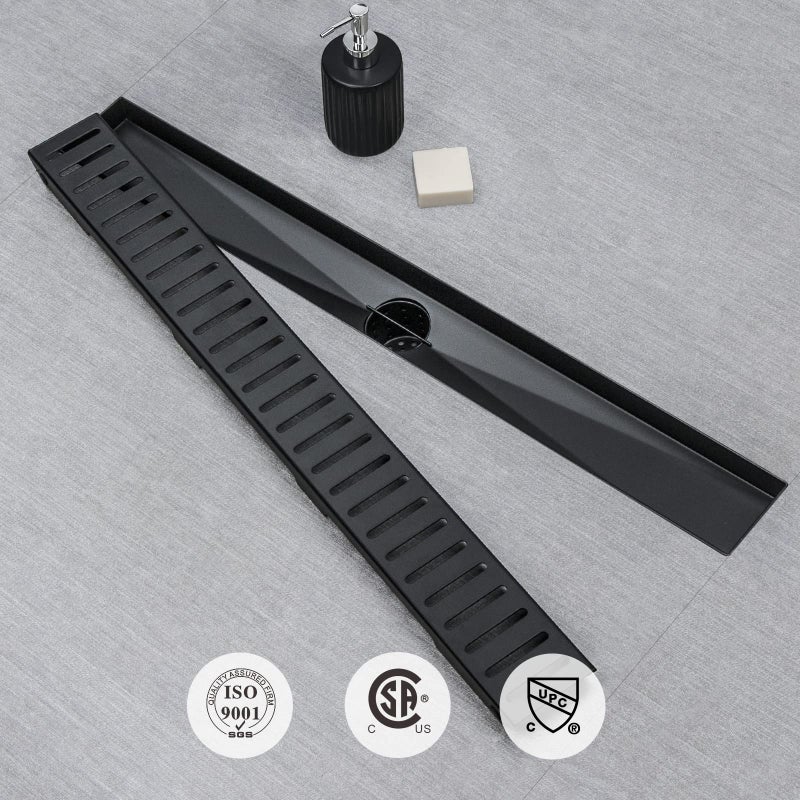 SaniteModar Linear Shower Drain, 24 inch Matte Black Shower Drain with Removable Capsule Pattern Grate,304 Stainless Steel Shower Drain Include Hair Strainer,Adjustable Leveling Feet - Image 2